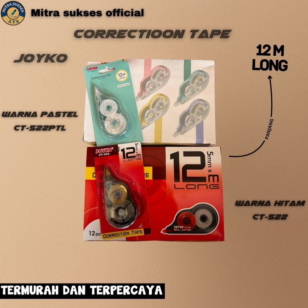 

TIPE-X ROLL CORRECTION TAPE JOYKO 12M WARNA HITAM DAN WARNA PASTEL