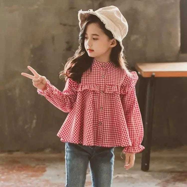 Kemeja anak perempuan motif kotak-kotak korean style / blus anak perempuan 3-12 tahun aksen kancing