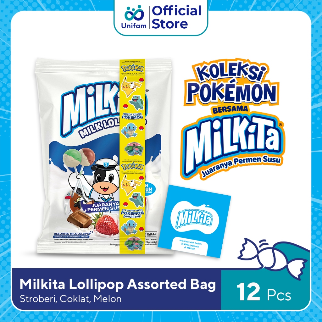 

Milkita Permen Lolipop Susu Mix Edisi Pokemon Premium Bag - Milk Candy 1 Bag (Isi 12Pcs) @9 Gram