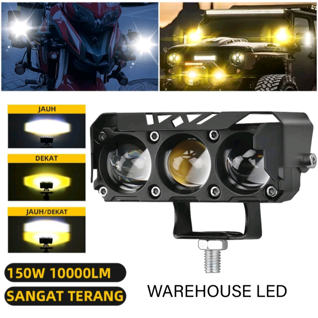Terbaru Hot Product Lampu Tembak Laser Sql 3 Mata Super Terang Hi Low Putih - Kuning Buat Motor Dan