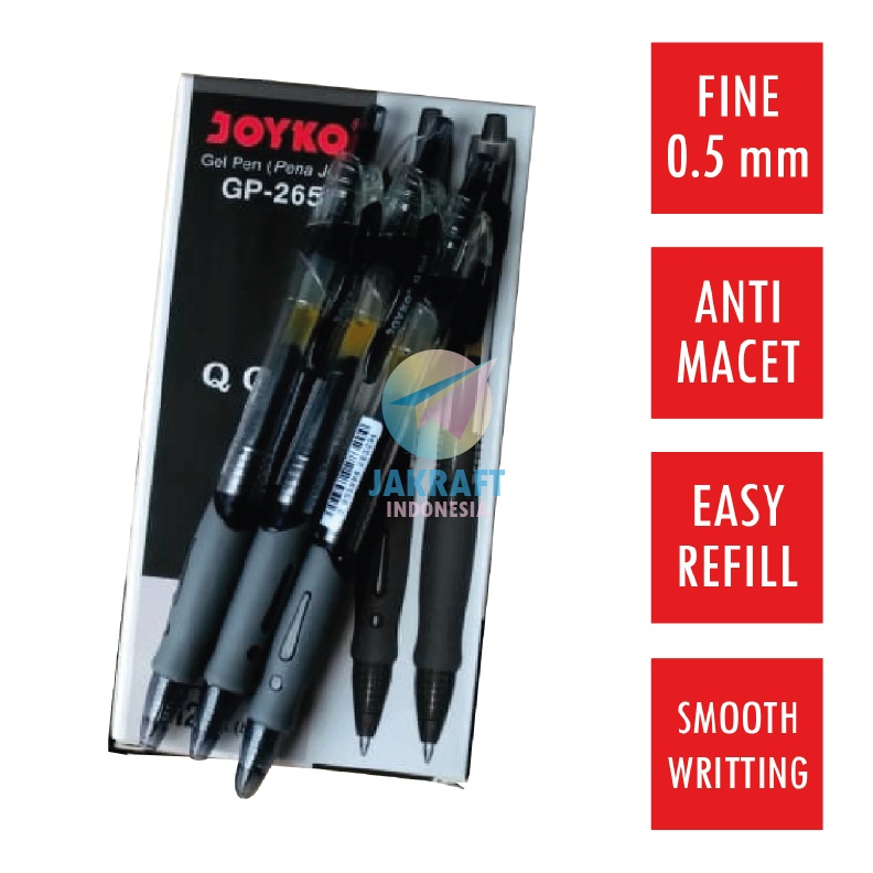 

MURAH MERIAH 12 Pcs Pulpen Gel Pen Klik JOYKO GP265 Q GEL Hitam Black 5 mm Anti Macet Luntur