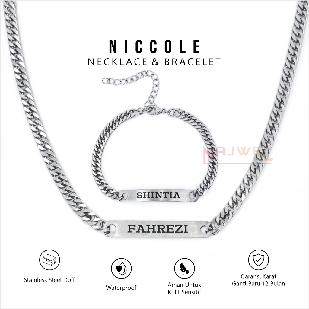 Niccole 1 set Kalung Dan Gelang Titanium Rantai Lipan Custom Nama Silver Anti Karat Tidak Pudar