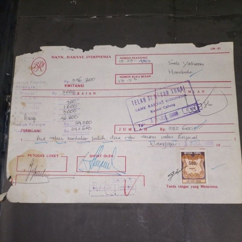 dokumen lama jadul kwitansi BRI tahun 1988