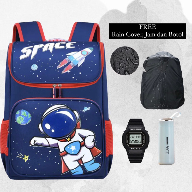 Miniso Tas Sekolah Anak Space Astronot Kartun untuk Anak Laki-laki Perempuan Ransel Ortopedi Tas Sek
