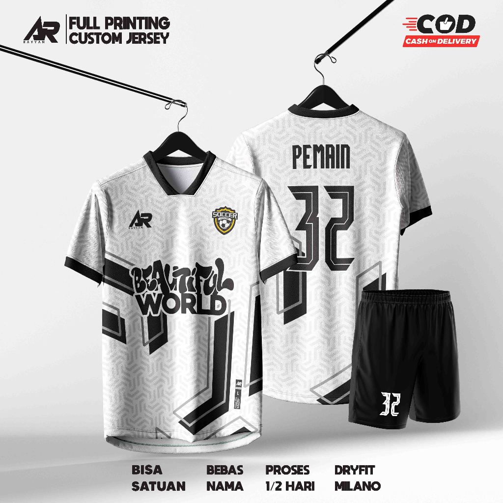 AR JERSEY BAJU FUTSAL BOLA VOLI CUSTOM FULL PRINTING BEBAS NAMA HITAM PUTIH