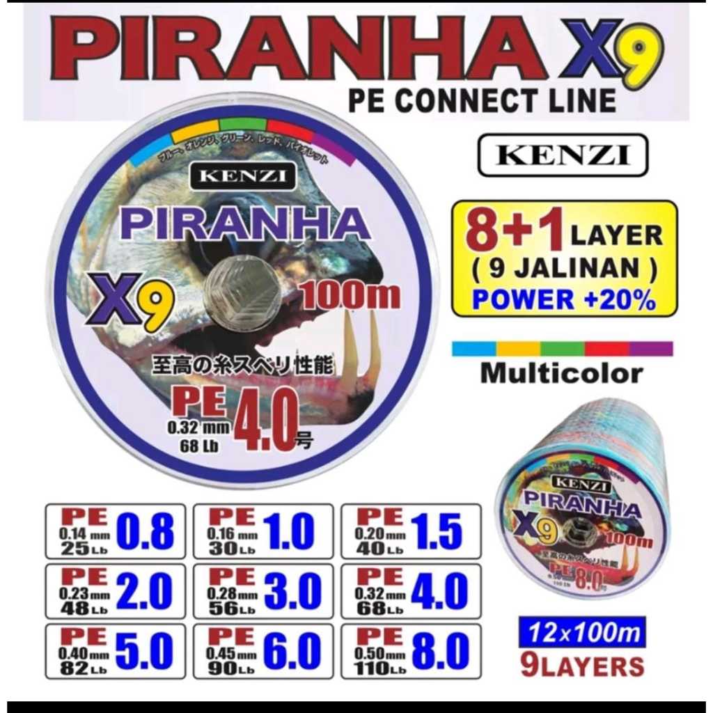 Senar Pancing Multi Color PE KENZI PIRANHA X9 100m 12x100m