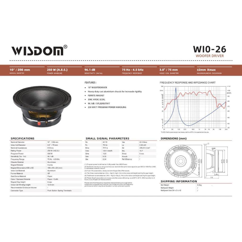 Speaker Wisdom 10 Inch W10-26 W 10 26 W10 26 W 10 - 26 WISDOM ORIGINAL