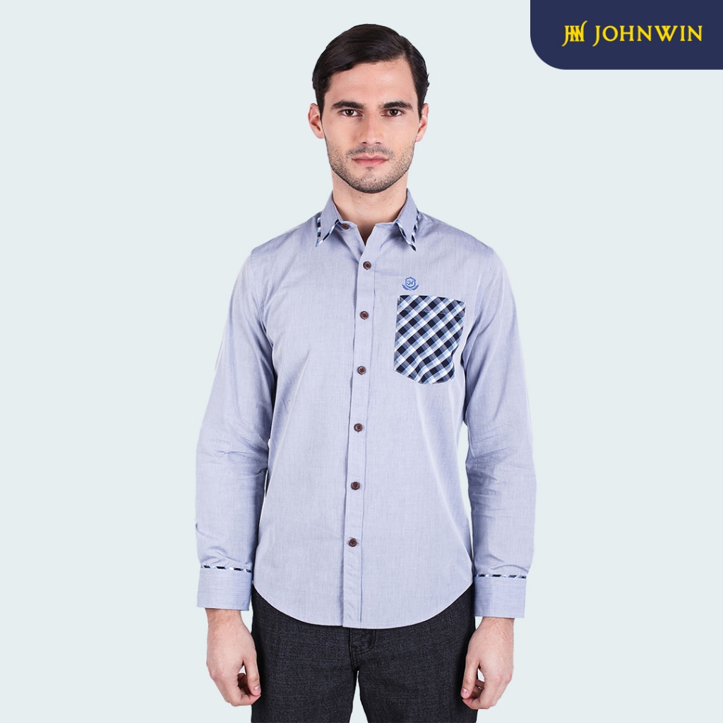 Johnwin - Kemeja Casual - Pria - Lengan Panjang - Biru Ungu - Corak Saku - ASH.670.G871.557.C-L/S
