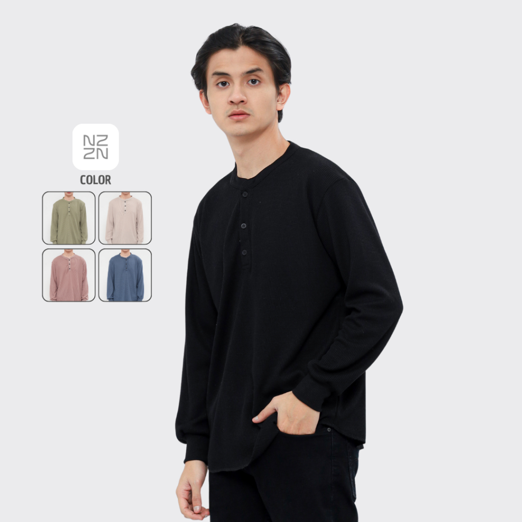 Nawla - Baju Atasan Pria Lengan Panjang Bahan Waffle Knit Shirt Warna Denim Khaki Sage Hitam Khaki