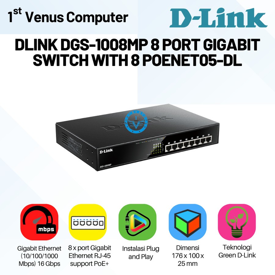 D-Link DGS-1008MP 8 Port Gigabit Switch With 8 POE+ Dlink 8 Poenet 05-DL / NET04-DL