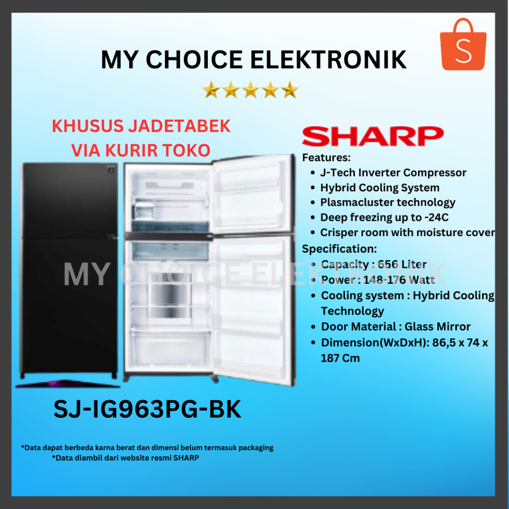 SHARP Kulkas 2 Pintu SJ-IG963PG-BK (Inverter)