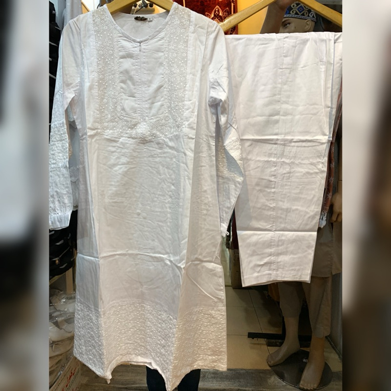 Setelan Tunik Putih Katun Jepang Bordir ~ Setelan Putih Perempuan Haji Dan Umroh ~ Baju Ihrom Peremp