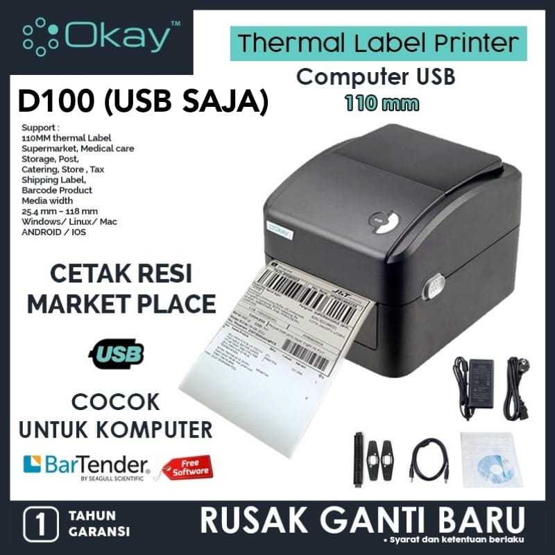 OKAY D100 HITAM PUTIH USB BLUETOOTH Printer Label A6 110mm label Pengiriman Barcode Thermal Sticker 
