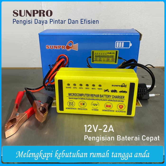 Charger Aki Mobil Dan Motor Sunpro 12V-2A Bisa Aki Kering & Basah / pengecas Aki Motor Dan Mobil / C