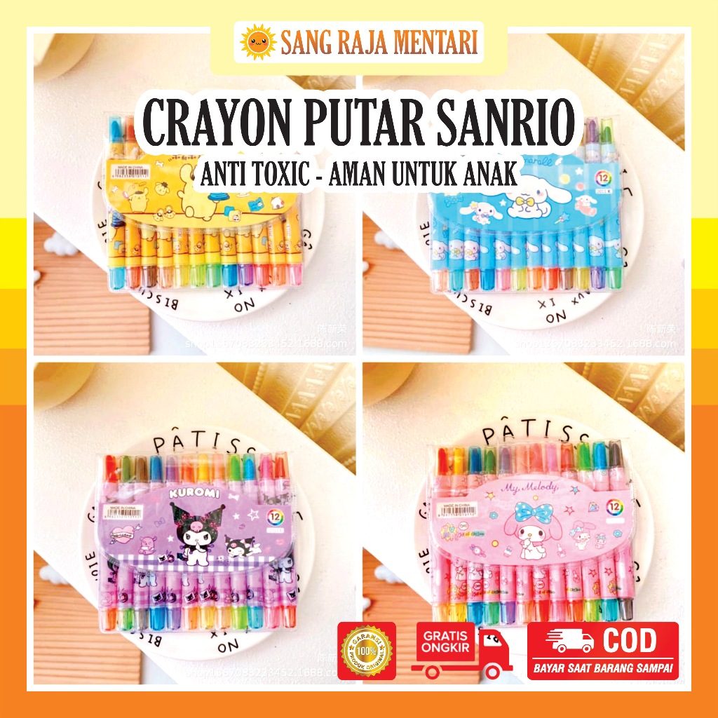 

Crayon Putar Sanrio isi 12 Warna Krayon Twist Anti Toxic Pastel Aman Anak Kuromi Cinnamoroll Melody