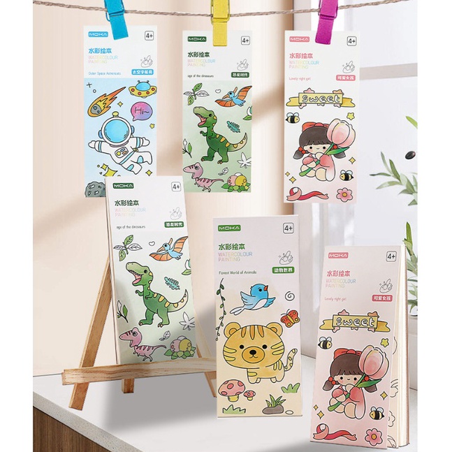 

GROSIR Painting Book with watercolor Buku Mewarnai dengan cat air free kuas Buku gambar imut