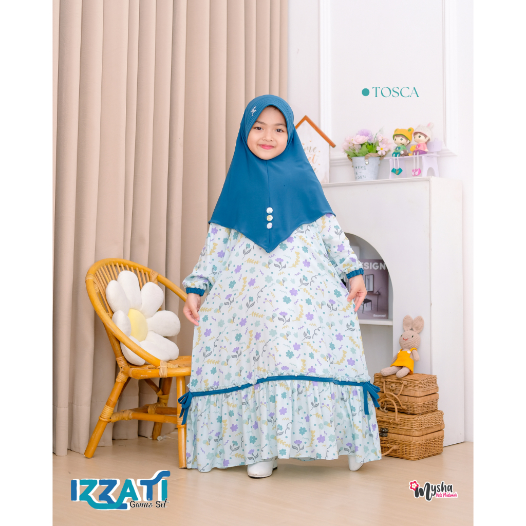 original mysha kids muslimah - gamis anak perempuan baju muslim anak izzati set hijab 1-12 th rayon