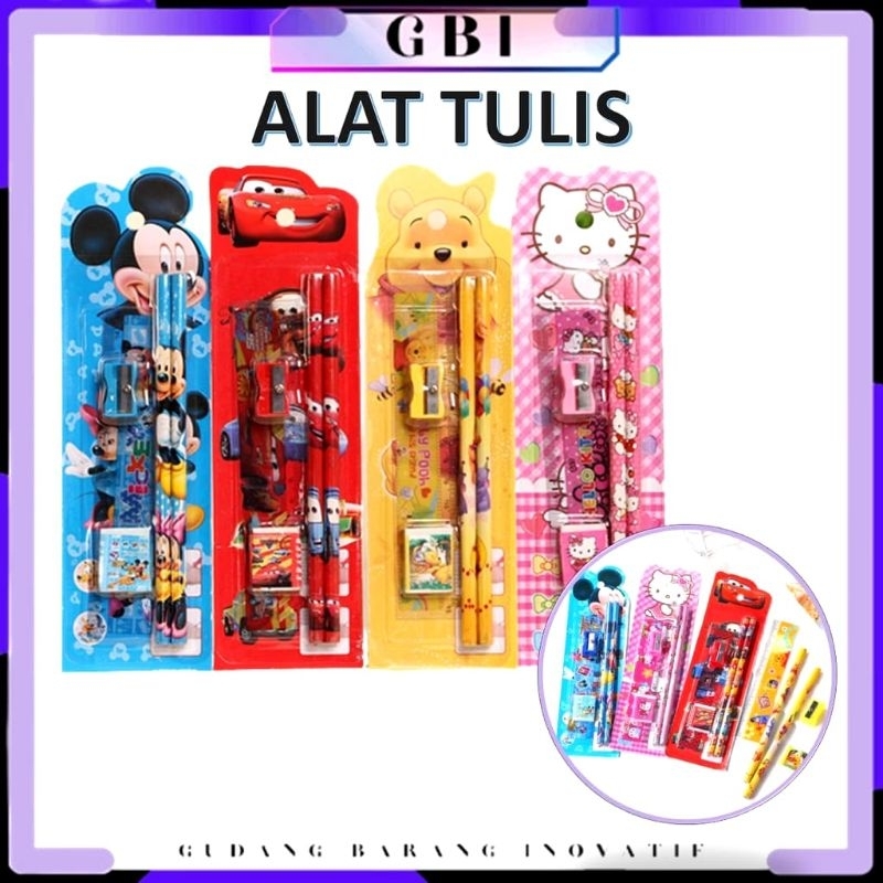 

3M_Stationery Set 5 in 1 Alat Tulis Anak Sekolah Penghapus penggaris Pensil Serutan Karakter Lucu