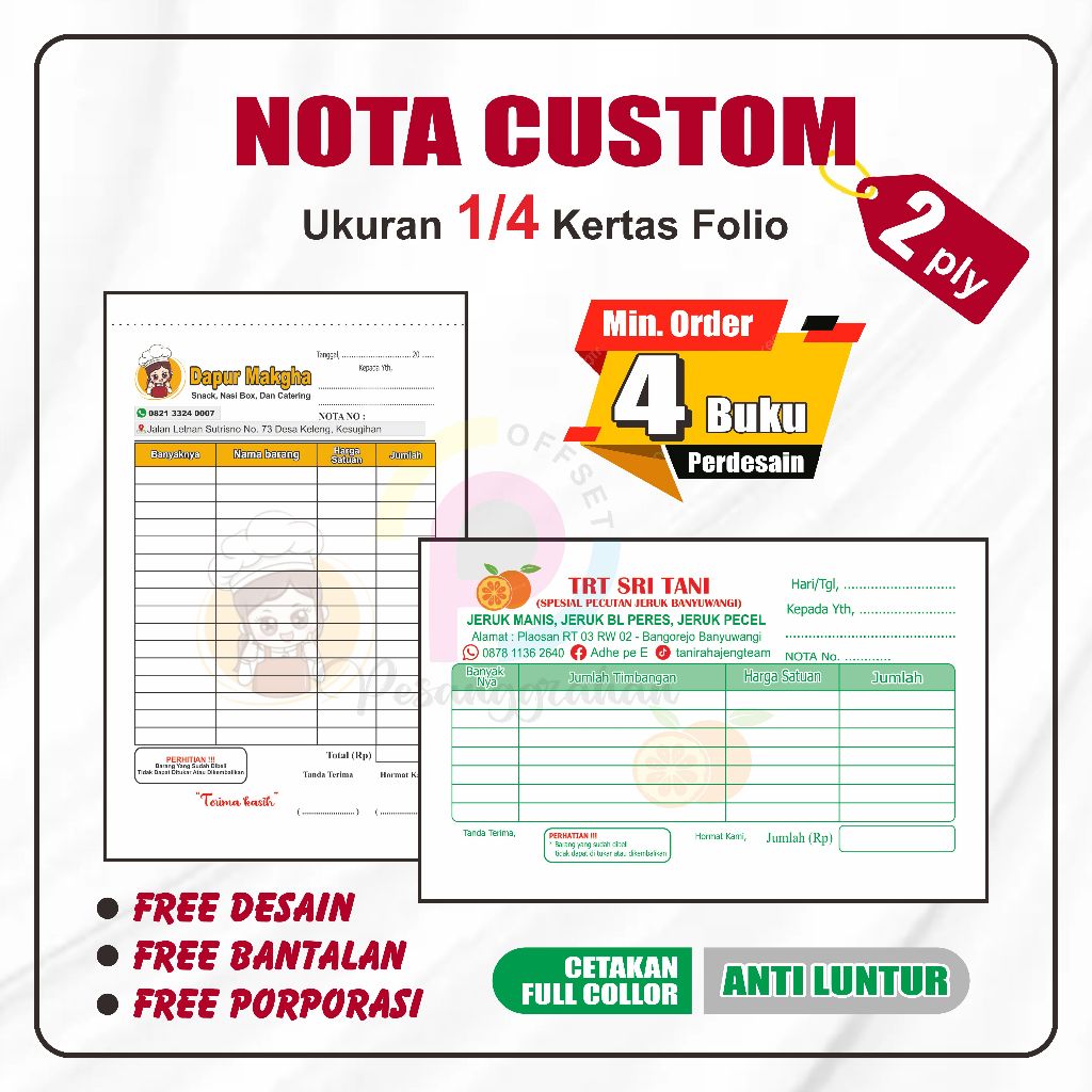 

NOTA Ukuran 1/4 Folio 2 ply Isi 50 lembar cetak nota custom nama toko olshop sendiri