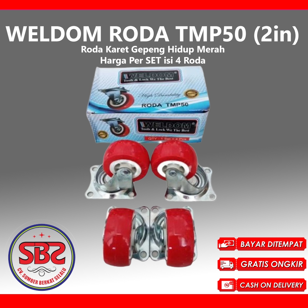 WELDOM Roda Karet Hidup Merah 2 inchi isi 4 pcs / Roda Karet Gepeng Hidup Merah Weldom (Roda Bundar 