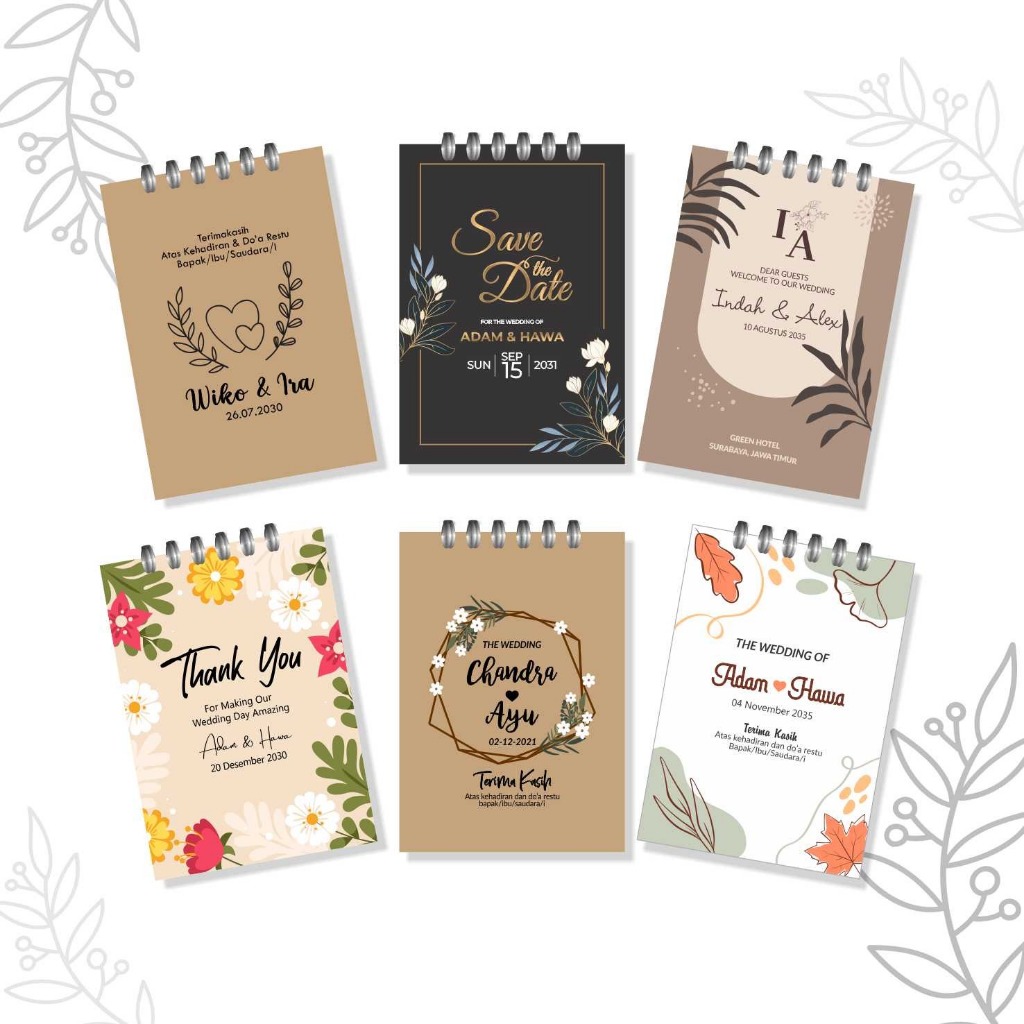 

Souvenir Notebook Pernikahan Custom Foto Tulisan Mini Kecil Ring Spiral A7 Murah