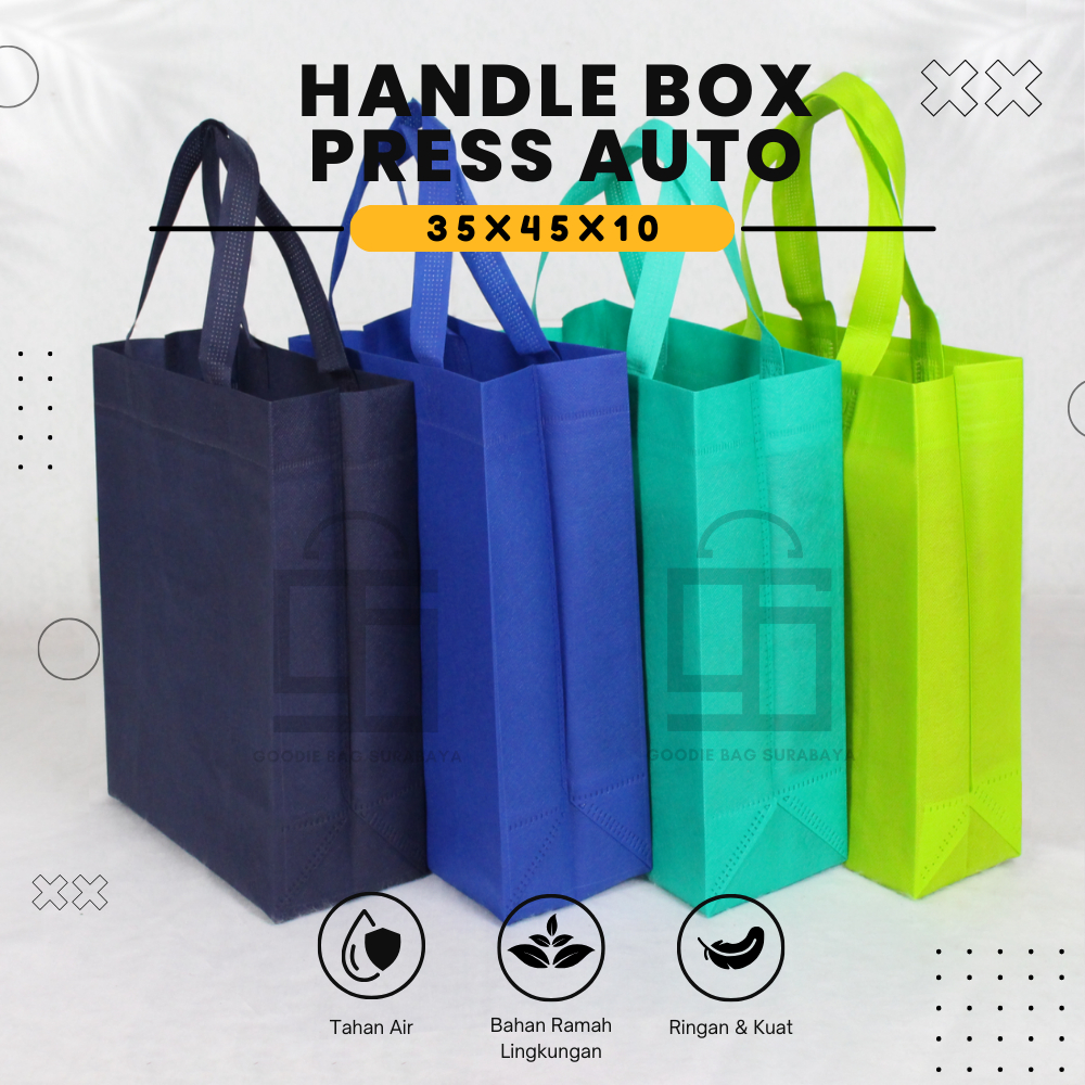 

HBPA 75GSM Tas Spunbond Goodie Bag Laken Handle Auto Press Ukuran 30x40 Souvenir Promosi Murah Polos