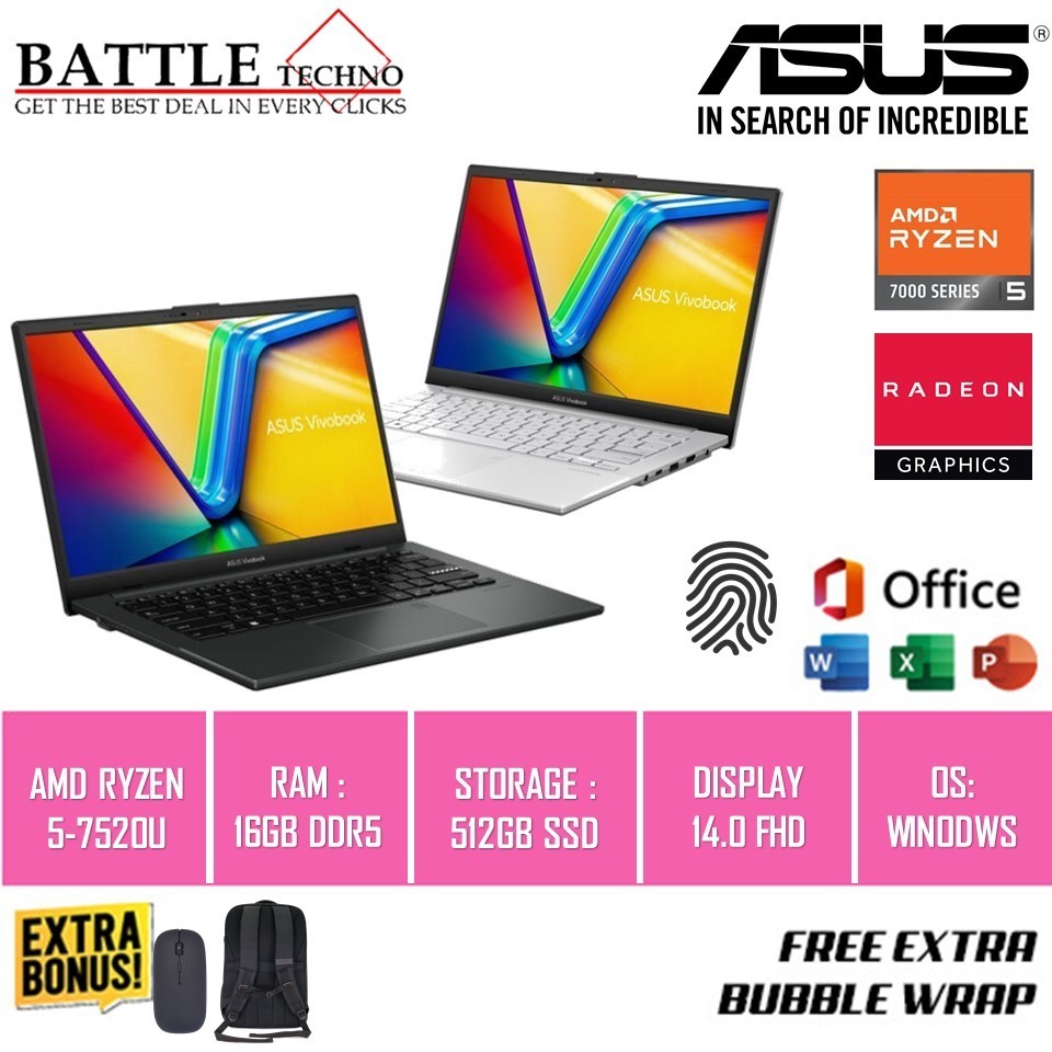 Laptop Slim Terbaru Asus Vivobook GO 14 E1404FA Amd Ryzen 5 7520U 8GB 512GB Radeon 610M 14.0 FHD BL 