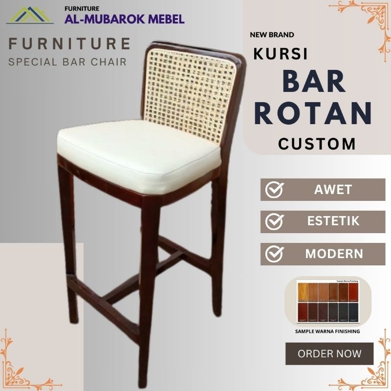 Kursi Bar Jati Mix Rotan Dengan Dudukan Jok Busa Kain Oskar // Kursi Bar Jati