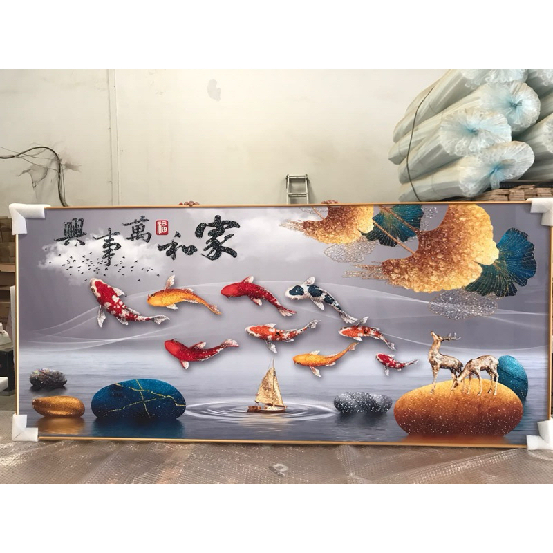 Lukisan Porcelain 5D Diamond Motif Ikan Koi 9 Ekor Lukisan Porselen Crystal 5 Dimensi Ikan Koi Fengs