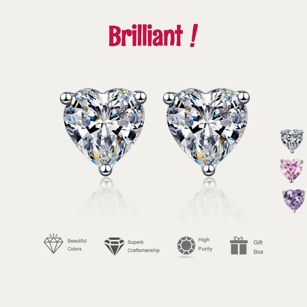 【Berlian Berwarna】Anting Berlian Wanita Anting Tusuk Hati Anting Berlian Solitaire Sterling Silver 9