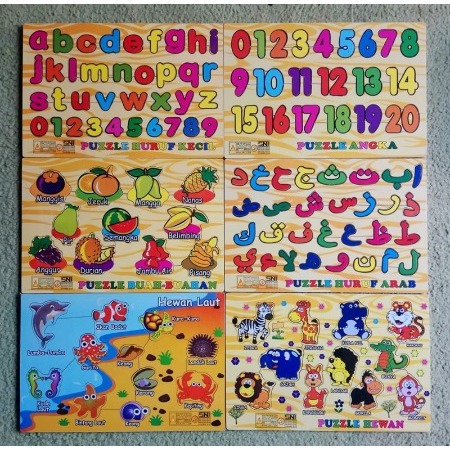 Puzzle Kayu Bongkar PasangHuruf Angka Alfabet Hijaiyah Mainan Edukasi Anak