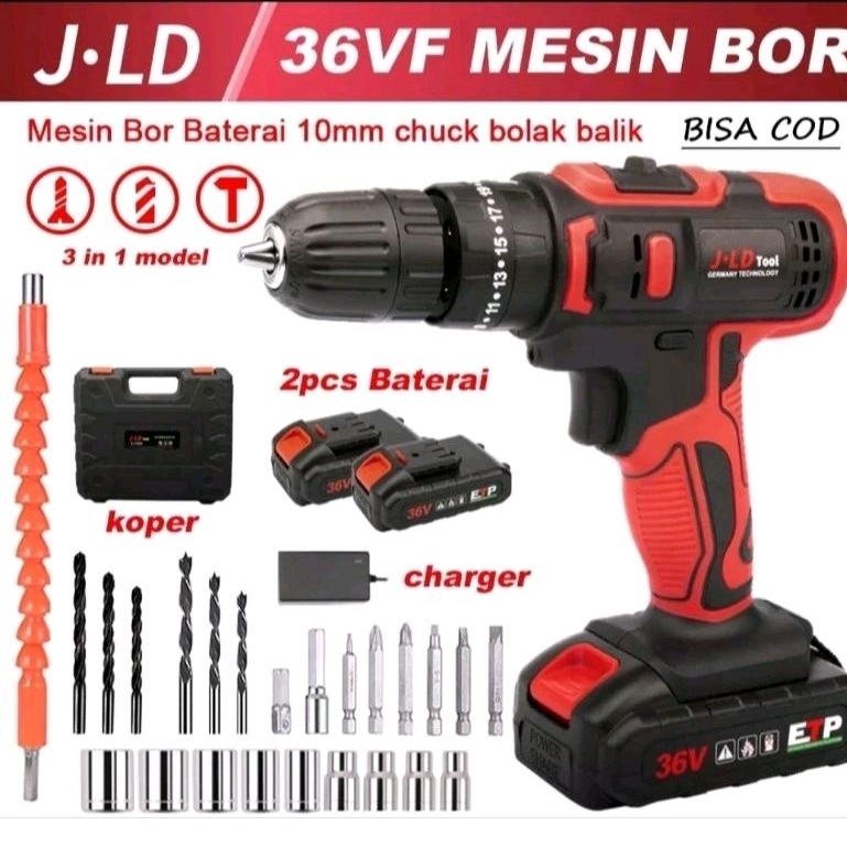 JLD 36VF MESIN BOR BATERAI 10MM BESI TEMBOK BETON KAYU IMPACT BOR CPRDLESS