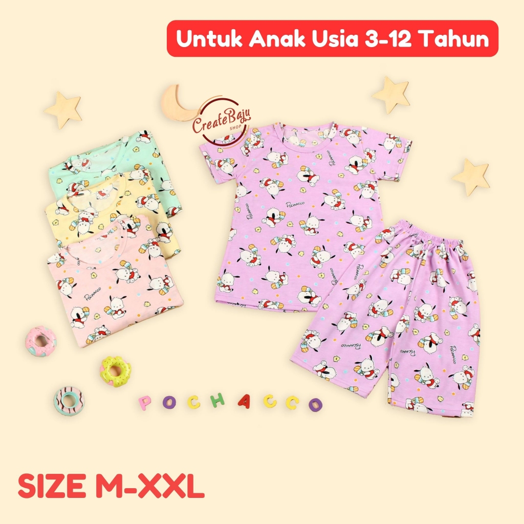 SETELAN PENDEK ANAK PEREMPUAN 3-12 TAHUN MOTIF POCHACO BAJU ANAK LENGAN PENDEK