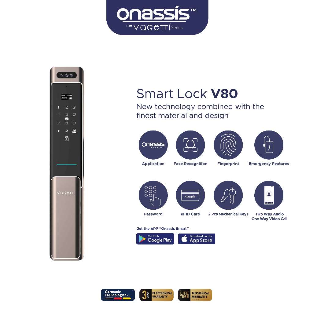 Onassis Smart Lock V80 Pro Vagetti dengan 3D Face ID 1 Way Video & 2 Way Garansi 3 Tahun | Luxury