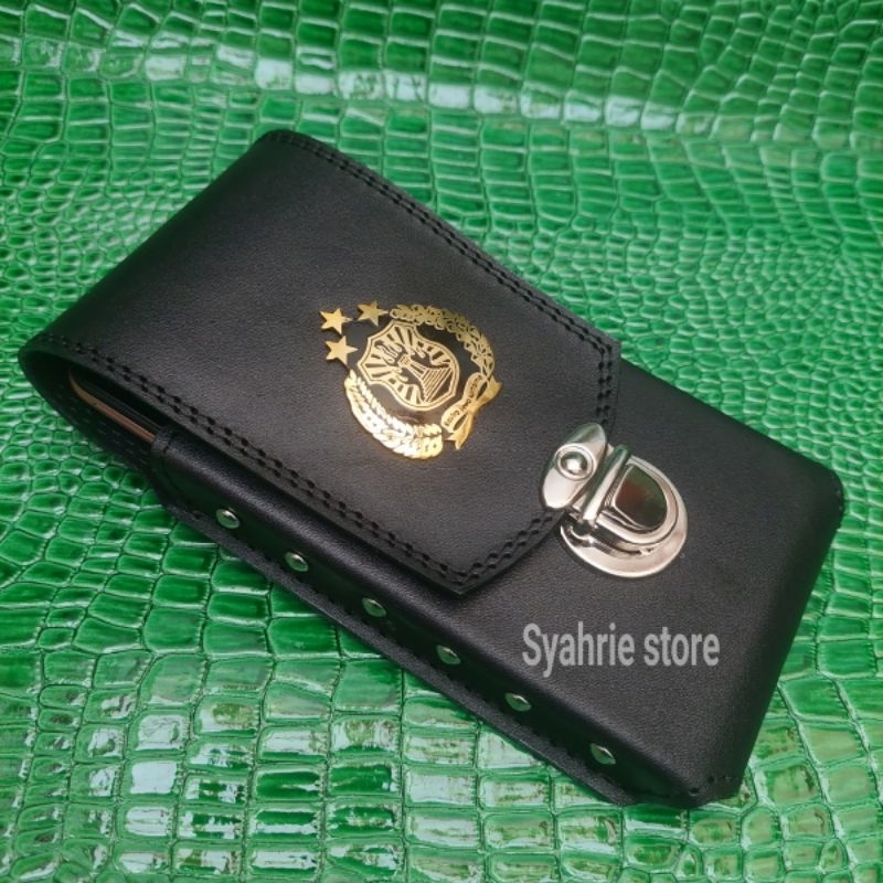 SARUNG HP PINGGANG KULIT 1 SLOT LOGO POLRI