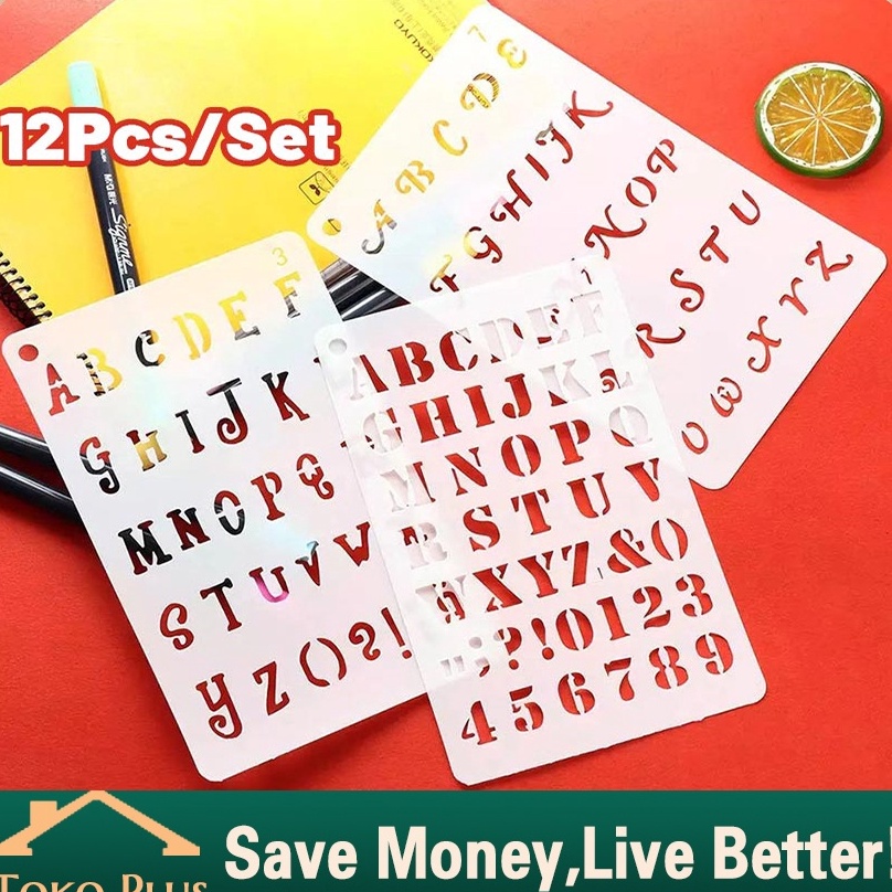 

12PcsSet Penggaris Huruf Angka Templates Penggaris Sablon ABC Lettering Stencil set Penggaris Cetakan Huruf Angka Templates Sablon KODE P1J5