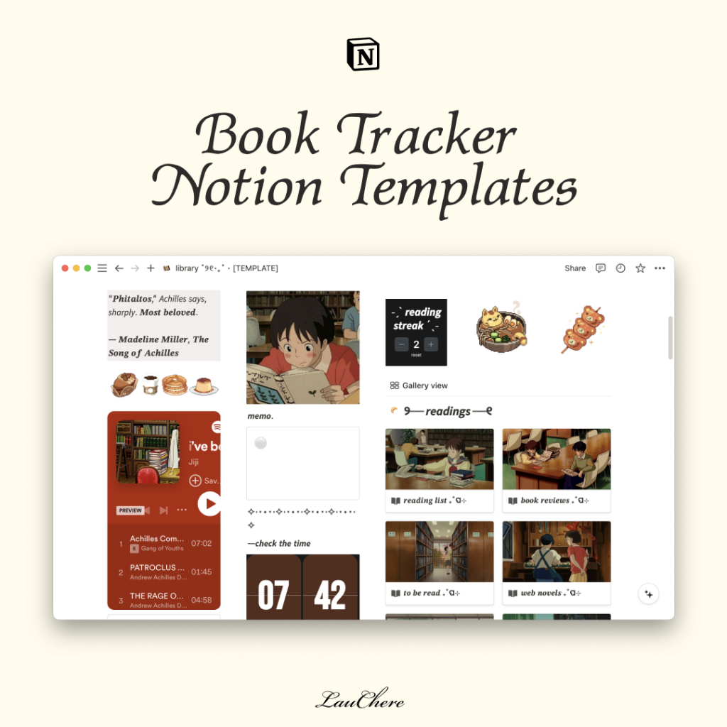 Notion Book Tracker, Notion Reading Tracker, Aesthetic Notion Template Studio Ghibli