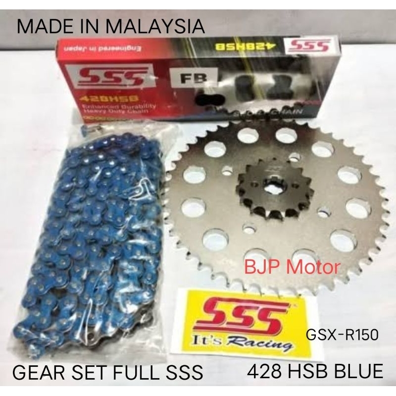 Gear Set SSS 428 GSX - R150 Full Set + Rantai SSS 428 HSB MERAH/BIRU + Gir Depan dan Belakang