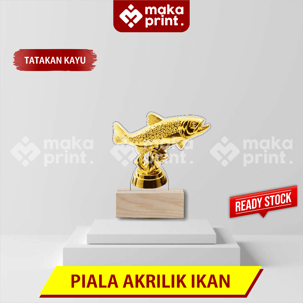 Piala Akrilik (MODEL IKAN ) - Tatakan Kayu - Piala Ikan