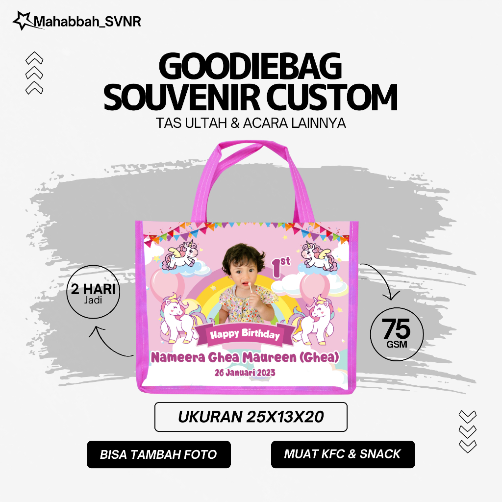 

Tas Ulang tahun custom nama anak unicorn Goodie bag anak ulang Tahun lucu/ tas snack tas tenteng anak