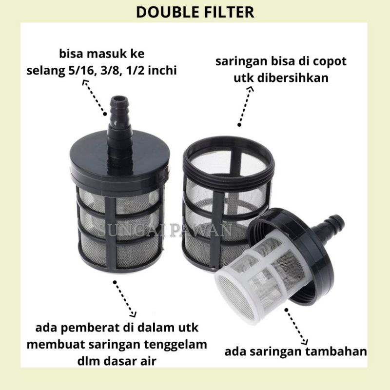 saringan saring penyaring sprayer cordless double filter air water hose selang 5/16 - 3/8- 1/2 in di