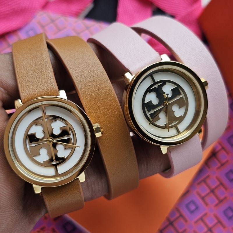 TORY BURCH REVA Double Strap Leather Coklat dan Pink TBW4018 Original Jam Tangan Wanita 28mm