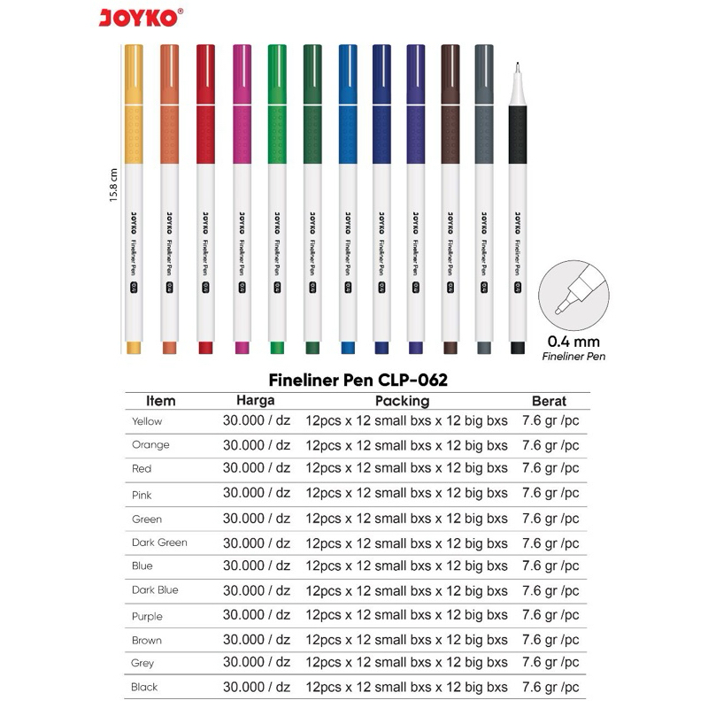 

( 1 pcs ) CLP062 Fine Liner 0,4 mm / Fineliner Drawing Pen Marker CLP-062 Warna Satuan Joyko