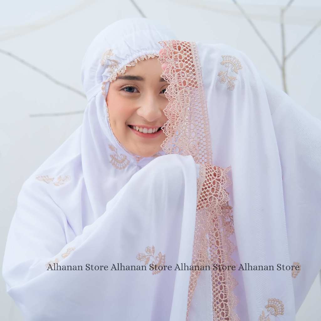 Alhanan - Mukena Dewasa Bordir Jasmin Katun Rayon Renda Mewah Mukena Santri Putih