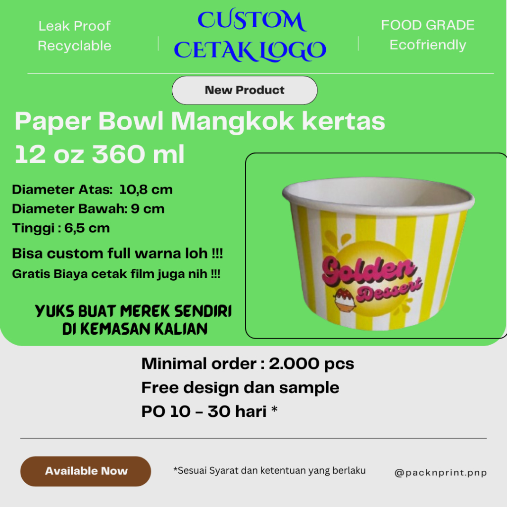 CUSTOM PRINT Full Warna Paper Bowl Mangkok Kertas 12 oz 360 ml Min 3.000 pcs