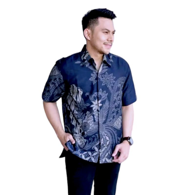 Hem Kemeja Baju Batik Pria Parang Navy Lengan Pendek Slim fit batik Laki Laki Slimfit Keris Full Lap