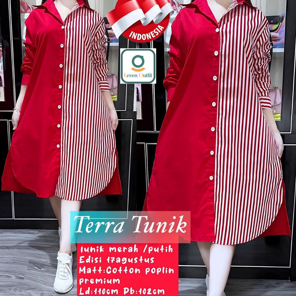 Terra baju dress long tunik tunic wanita muslim jumbo ld 110 katun merah putih agustusan kemerdekaan