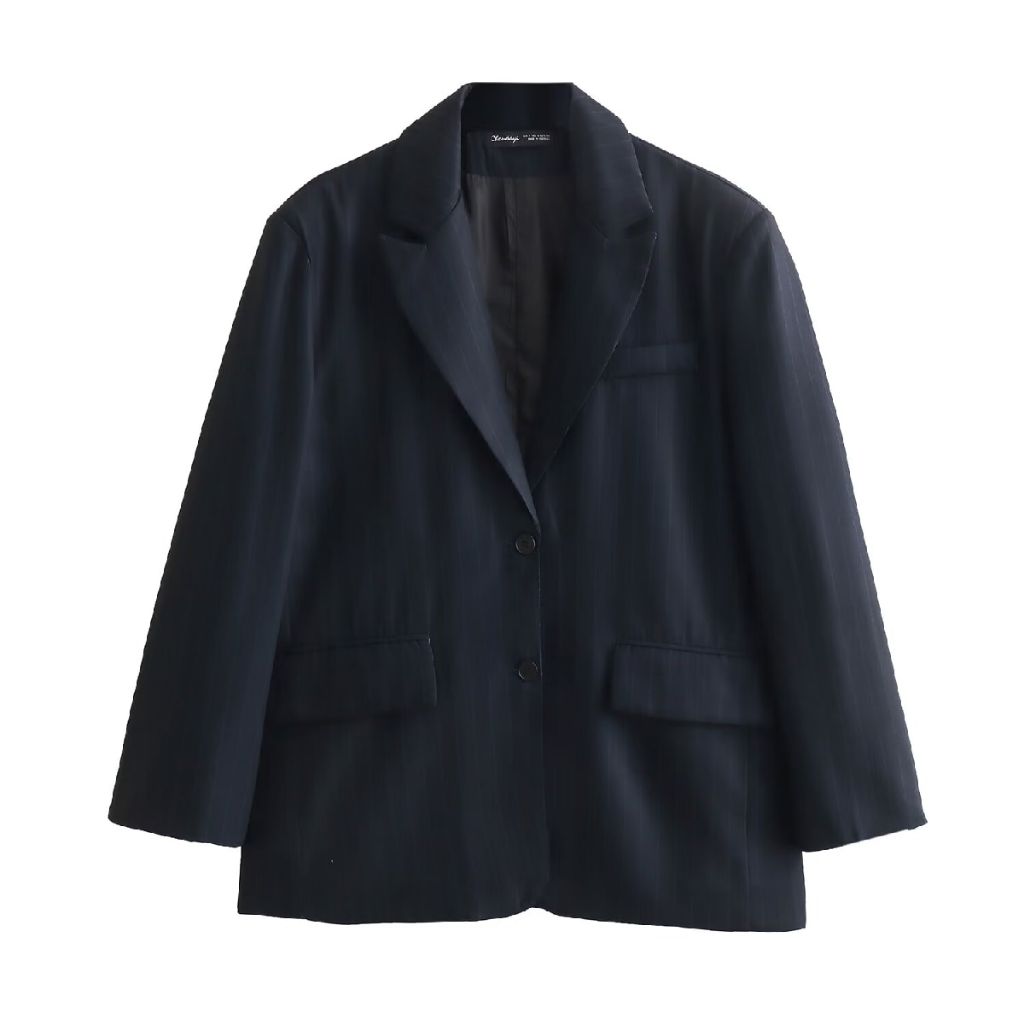 Blazer Wanita Stripe Oversize Warna Hitam Black Stripe Korean Casual Blazer