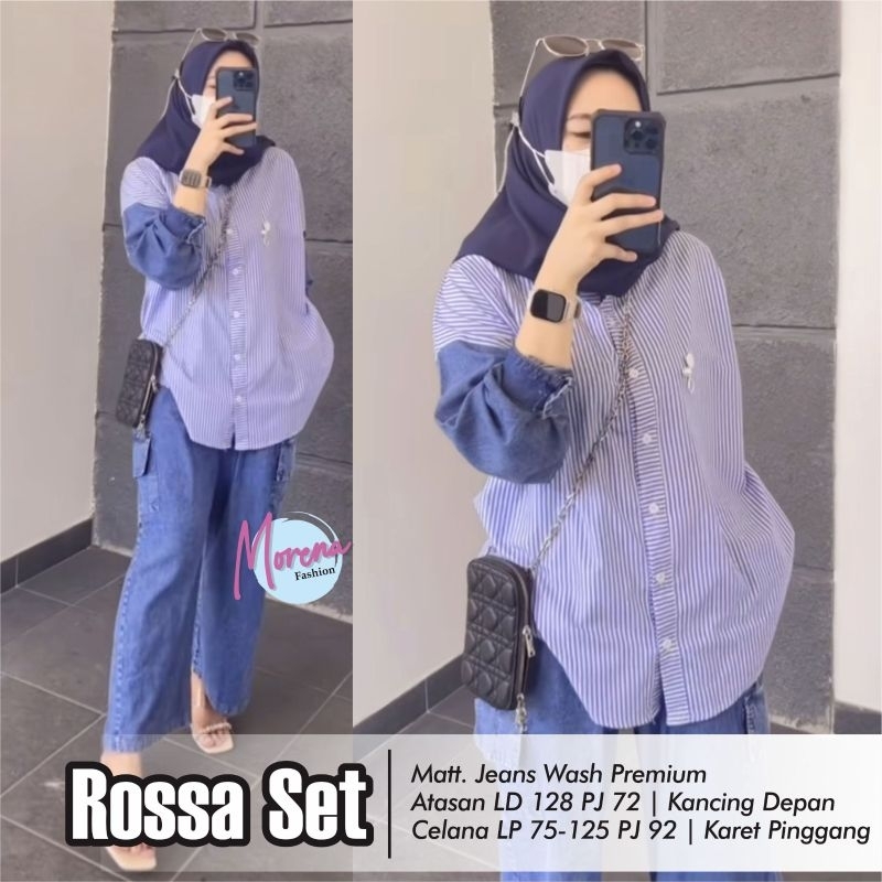 Rossa One Set Setelan Celana Tunik Jeans Mix Katun Salur Ld 128 Jumbo Fit XXL Busui Kancing By Moren