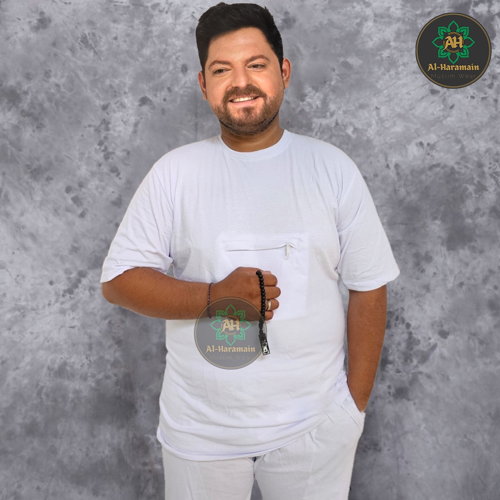GRATIS ONGKIR bisa COD/Baju Kaos Haji Umroh Saku Resleting Lengan Pendek Pria untuk Kebebasan Berger